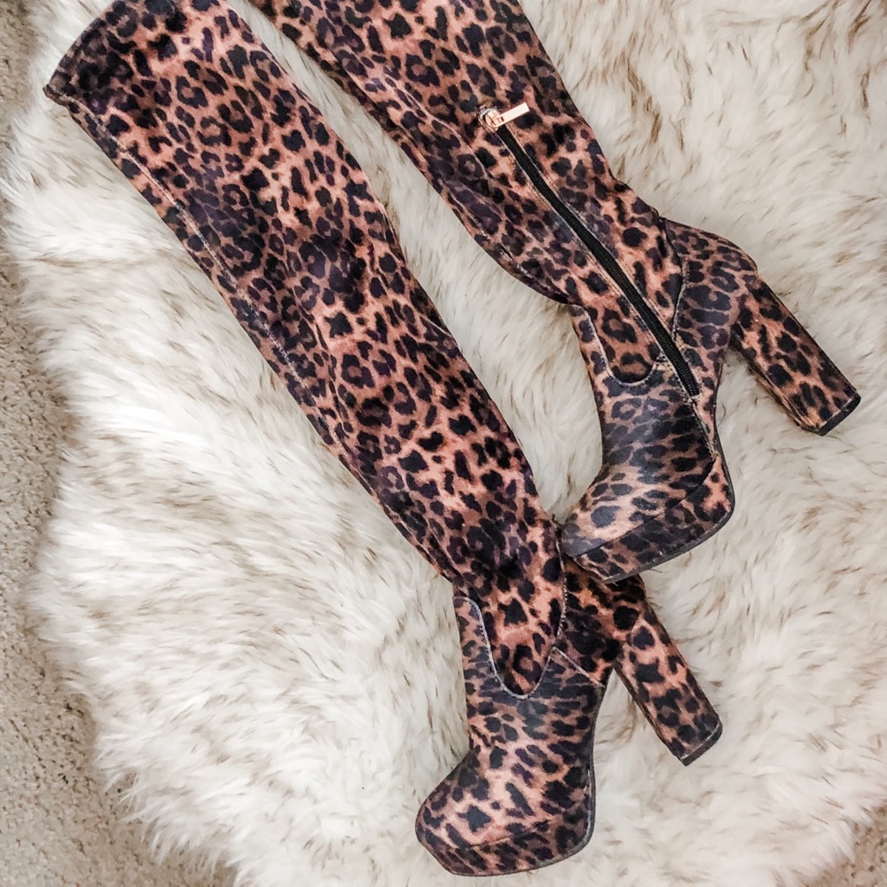 Over the Knee Velvet Leopard Boots- Amazing Lace